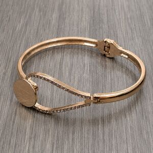 Rose Gold Tone Crystal Rhinestone Hinged Bangle Bracelet Blank Disc Womens 16.8g